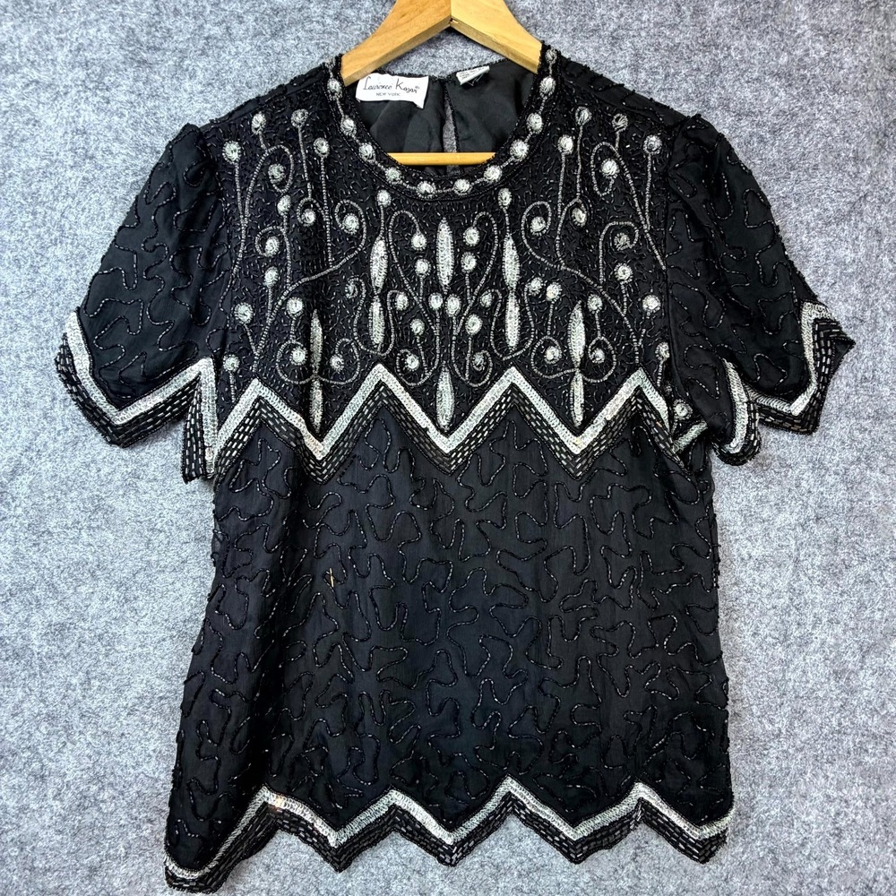 Vintage Laurence Kazar New York Blouse Top Womens Large Black Silk Beaded Sequin